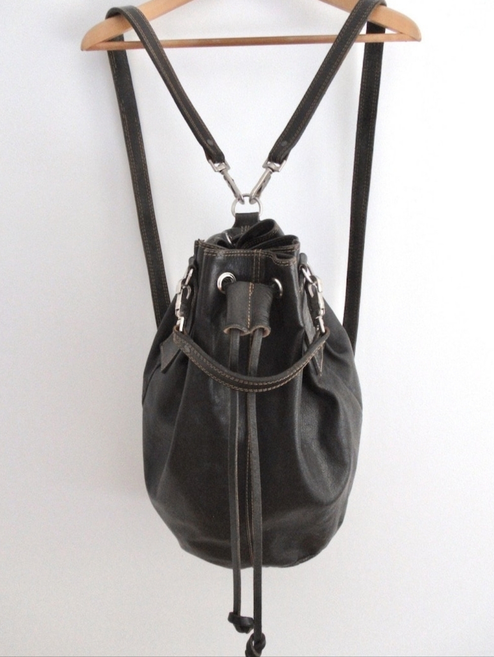 Rare Vintage Rugby North America Drawstring Bucket Bag - Heavy Leather